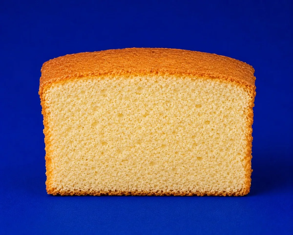 Close-up of a slice of pound cake showing a fine, even golden crumb