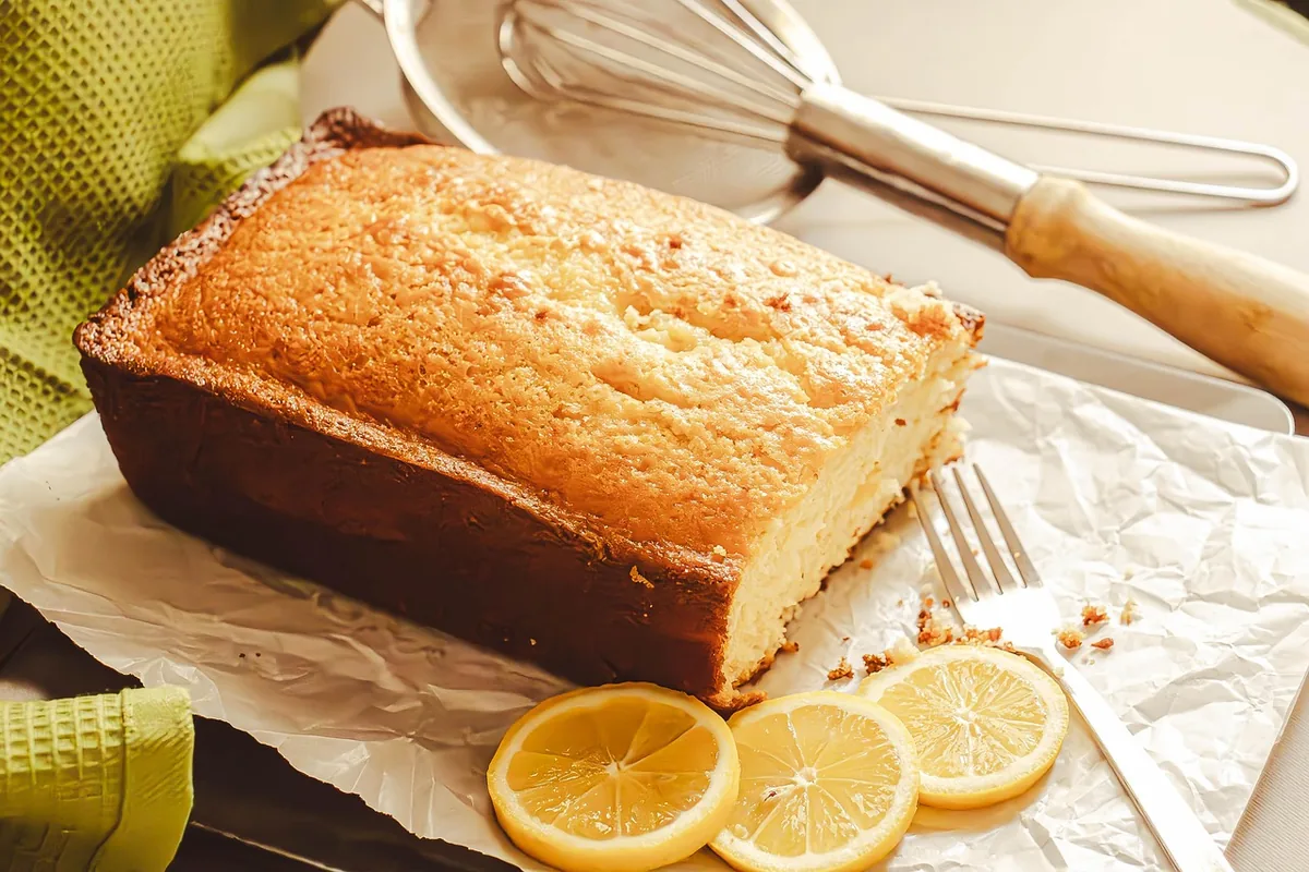 Golden loaf cake on parchment with lemon slices and a whisk, a lemon pound cake variation